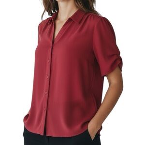 NWT ADRIANNA PAPELL Burgundy Button Front Short Puff Sleeve Blouse Size Large